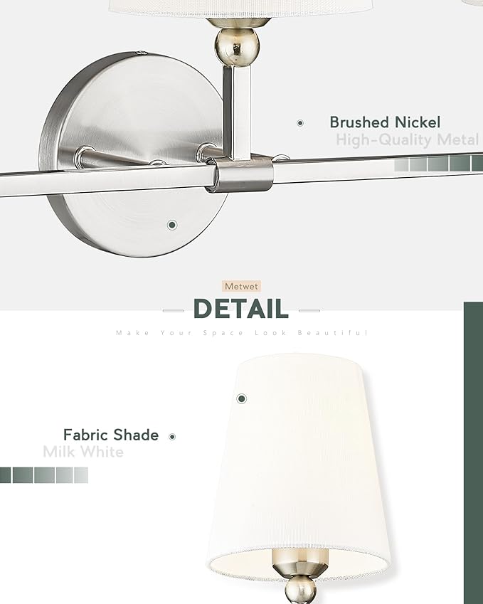 Bathroom Light Fixtures, Brushed Nickel Vanity Lights with Flared White Fabric Shade, 3 Light Wall Sconce, Modern Sconces Wall Lighting for Hallway Bedroom, VL837-BN-3