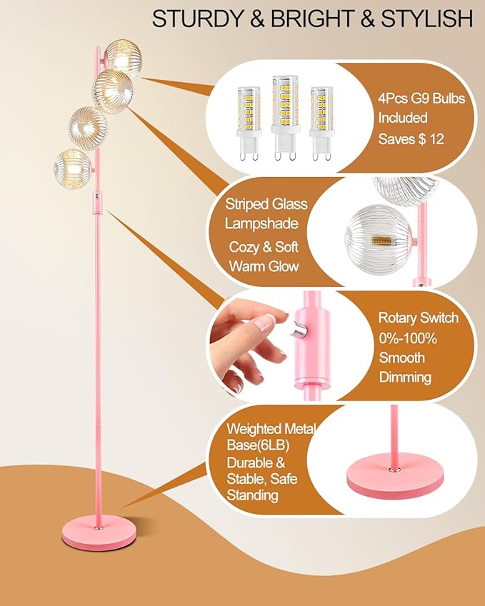 Lightdot 64IN Dimmable Floor Lamp with Globe Clear Glass Shade, Modern Pink Standing Lamps with 4PCS 3000K Bulbs Included, Mid Century Floor Lamp for Living Room Bedroom//Sofa Beside/Corner Decor