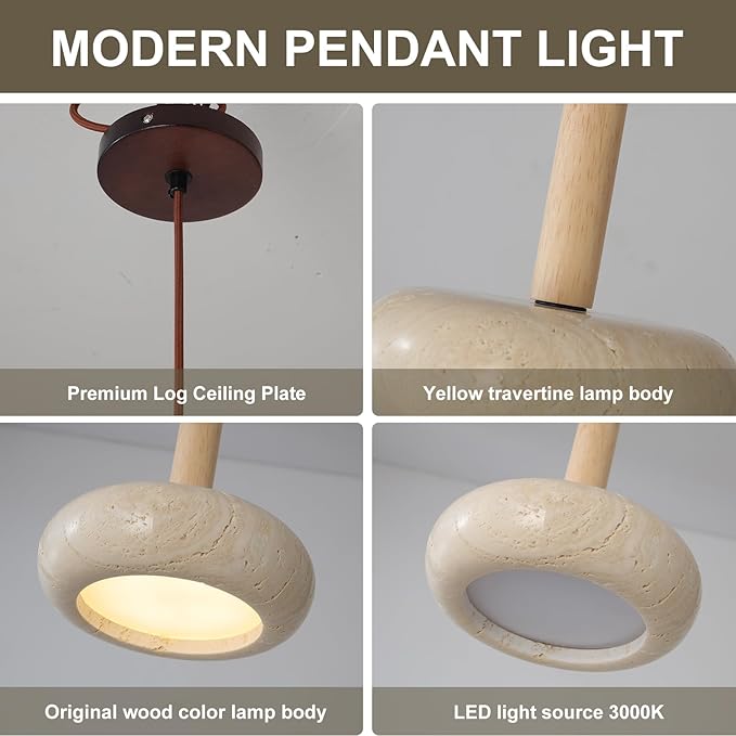 9.1inch Japanese Wabi-sabi Style Travertine Pendant Lamp Round LED Natural Stone Shade Pendant Light Wood Bedroom Bedside Hanging Light 3000K for Living Dining Room Table