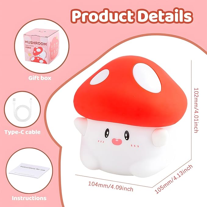 Mushroom Night Light, Squishy Silicone Lamp - Tap Control 2 Brightness, 50H Battery & Auto Timer, Cute Easter Gifts for Kids, Bedside Nursery Desk Mushroom Decor