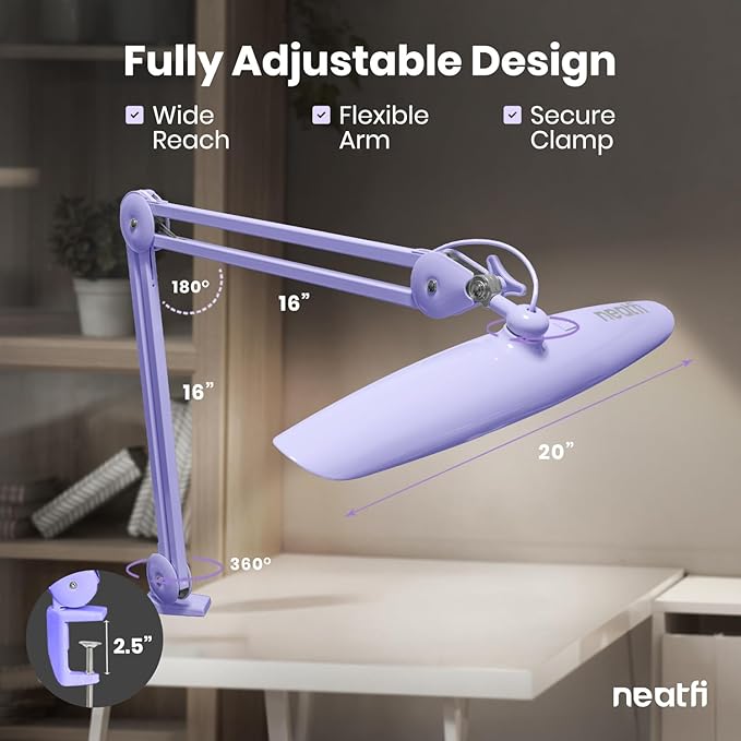 Neatfi XL LED Desk Lamp with Clamp, 2200 Lumens, 24W, 20-Inch Wide Head, Dimmable 4 Brightness Levels, Task Light for Home Office, Crafts, Workbench (Non-CCT, Lavender)