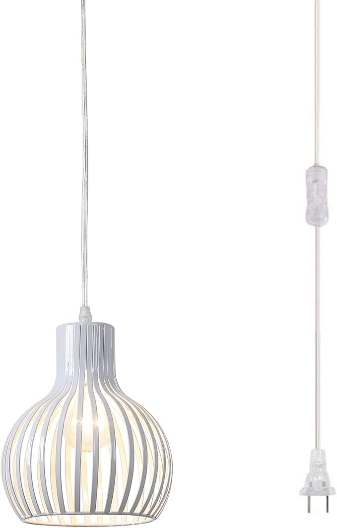 Industrial Plug in Pendant Lighting Metal Wire Cage Hanging Light Fixture with 14.27 Ft Hanging Cord and On/Off Switch (White)