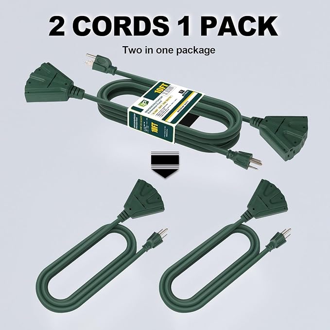 EP 2 Pack 10 Ft Outdoor Extension Cord with 3 Electrical Power Outlets - 16/3 SJTW Green Cable with 3 Prong Grounded Plug for Safety Great for Christmas Lights, Garden and Major Appliances