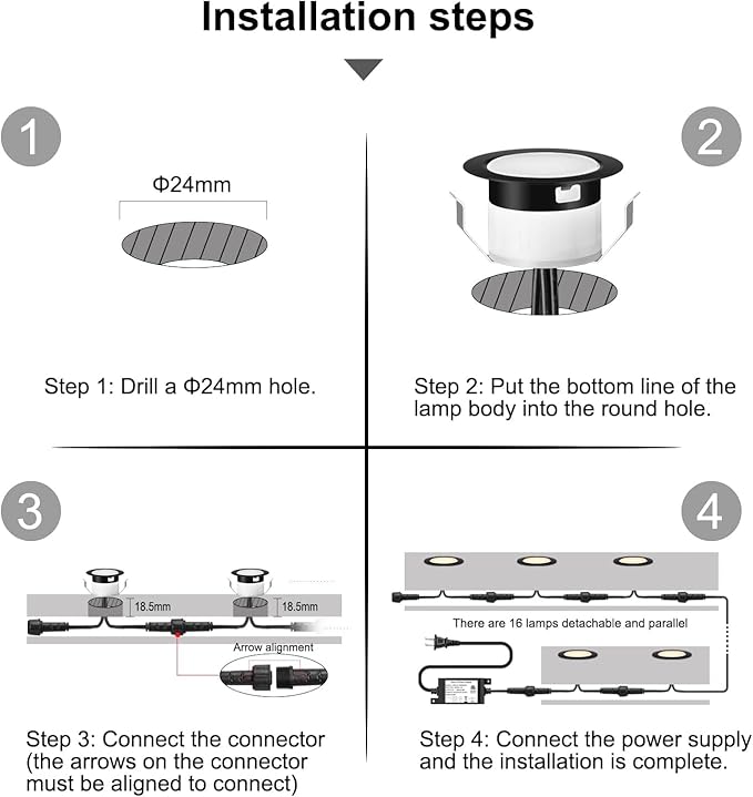 LED Deck Light Kits Warm White, Φ1.22 Recessed Step Light 16 Pack with Black Protective Shell, DC12V Low Voltage LED Deck Lighting, IP67 Waterproof Outdoor Stair Lights for Garden