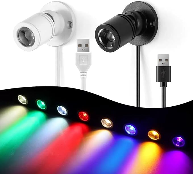 USB Powered Mini Spotlights for Displays 2-Pack – 5V Small LED Spot Lights Indoor, 7 Color Options, Compact USB Spotlight for Display Cases, Shelves, Cabinets, and Artwork (2PACK Green)