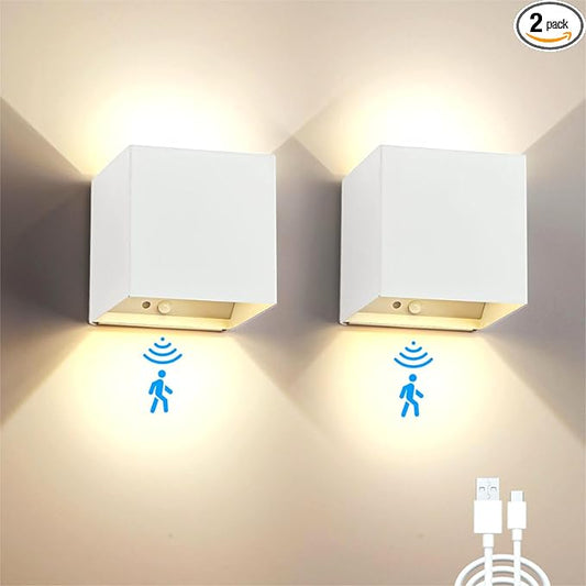 Battery Operated Wall Sconce Set of 2, Motion Sensor Light Indoor, 6000mAh Wall Lights Rechargeable, Magnetic Cordless LED Energy Saving Night Lights for Hallway Stairway Porch, White