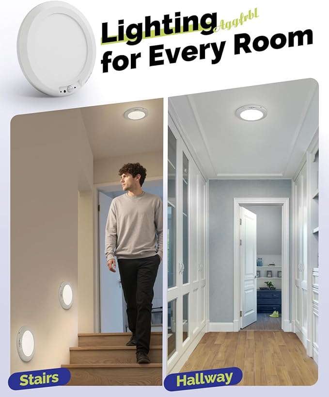 10,000mAh Rechargeable Ceiling Light with Remote, 7.09“ Wireless Waterproof Shower Lights 3000K/4000K/6000K, Battery Powered Light for Closet Battery Operated, Motion Sensor Lights No Wiring