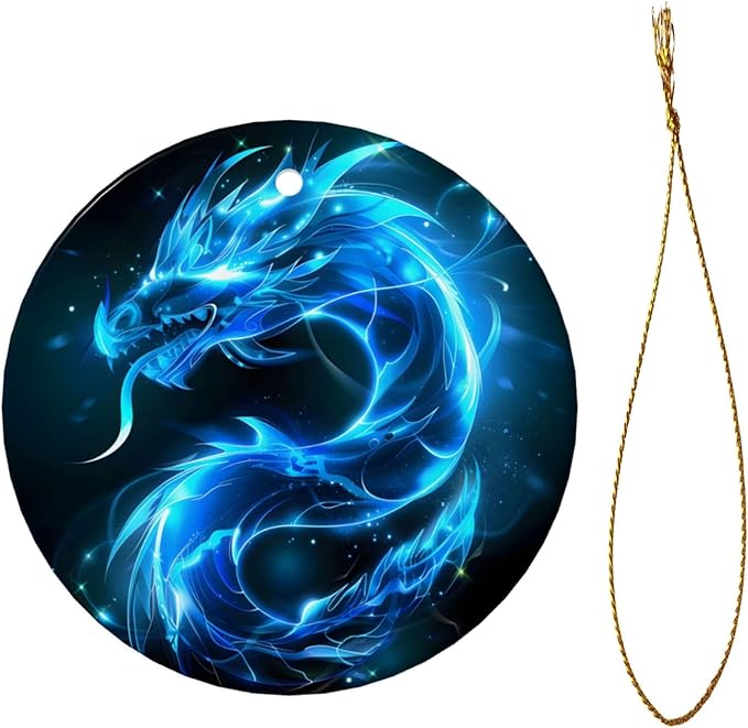 Glowing Ice Dragon Christmas Ornaments, Christmas Decorations Xmas Tree Hanging Ornaments, Round Ceramic Festive Keepsake Gift for Xmas Decorations Holiday Home Decor