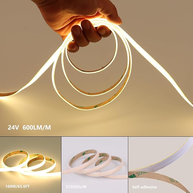 24V Diffused COB LED Strip Light 65.6ft (2 Rolls of 32.8ft), 4000K Natural White Outdoor Milky Silicone Waterproof, 11W/M CRI 93 LED Tape Lights with Power Supply for Bedroom Courtyard