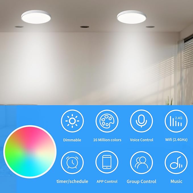 Smart LED Ceiling Lights RGBCW Color Changing Ceiling Light Compatible with Alexa Google Home Flush Mount Ceiling Lamp 24W Time Scheduler Dimmable for Living Room, Bedroom