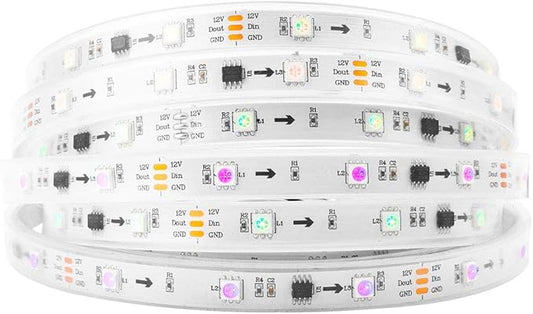 BTF-LIGHTING WS2811 IC=RGB+IC Addressable Dream Color LED Strip 16.4FT 30LEDs/m 10Pixels/m IP67 Waterproof White PCB Flexible DC12V Chasing Effect for Home Indoor Decor(No Adapter or Controller)