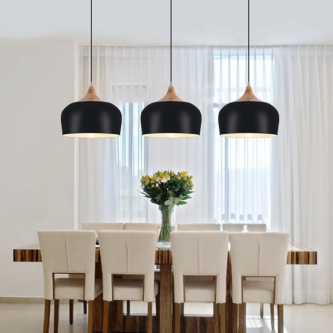 Modern Pendant Lights,Wooden Dome Pendant Light Fixture,Adjustable Hanging Pendant Lighting Chandelier Lamp for Kitchen Island,Dining Room,Hallway,Foyer,Bedroom(Black)