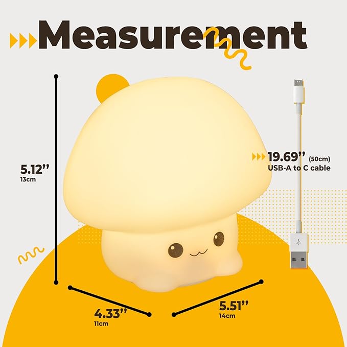 Adorable LED Squishy Animal Night Light - 2 Level Dimmable Nursery Lamp for Kids, Rechargeable Touch Lamp, Cute Dorm Decor - Perfect Baby Boys Girls Gift (Cartoon Mushroom)