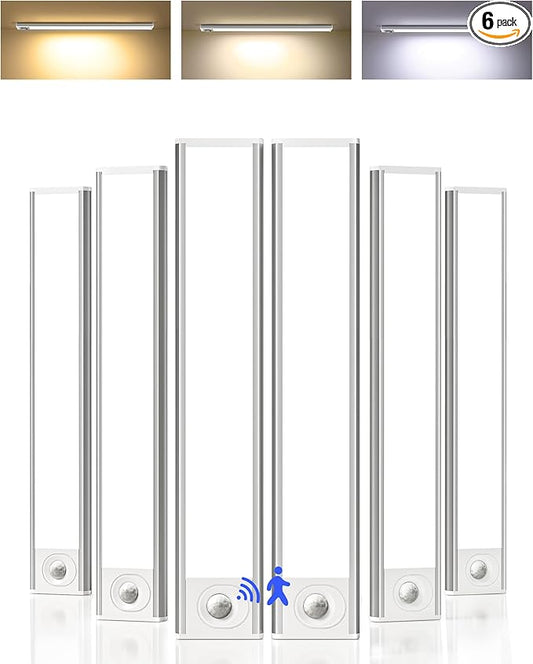 10inch Under Cabinet Lighting, 6-Pack Rechargeable Motion Sensor Light Indoor, Magnetic Closet Lights, Dimmable & 3 Color Temps, Wireless Under Counter Lights for Kitchen, Stairs