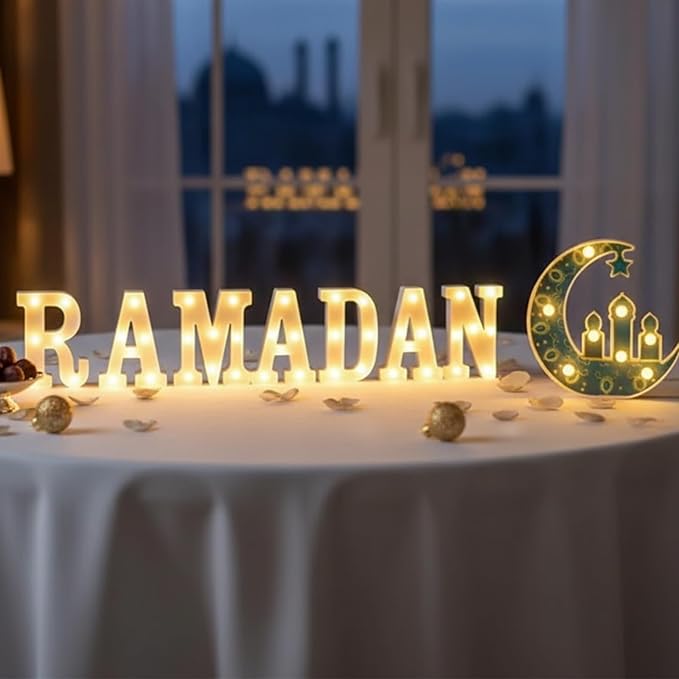 8 Pcs Large Ramadan Decorations LED Letter Sign Ramadan Mubarak LED Lights Battery Powered Table Decorations for Eid Home Party Supplies