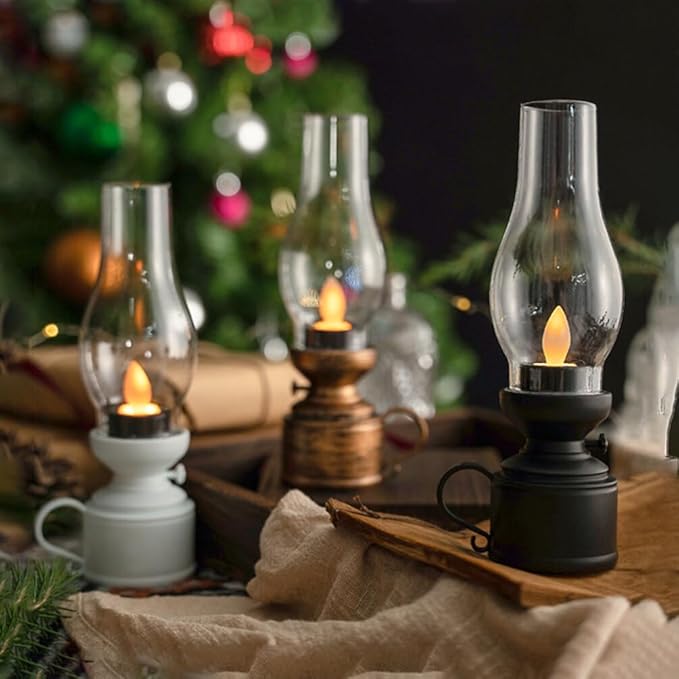 Zerodeko Kerosene Lamp Vintage Flameless Table Lamp Led Kerosene Lantern Clear Hurricane Lamp Battery Operated Nightstand for Bedroom Living Room White