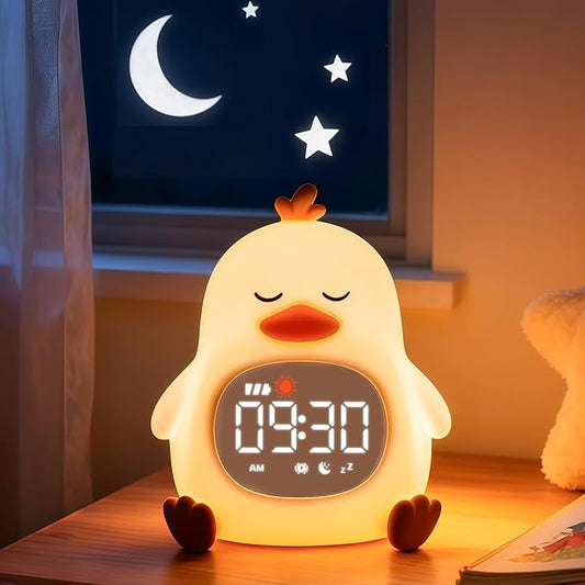 Sleepy Duck Alarm Clock with Night Light for Kids with Sleep Training and Sound Machine, Rechargeable Silicone Lamp OK to Wake Clock，Cute Animal Tabletop Lamp, Perfect Sleep Companion for Boys Girls