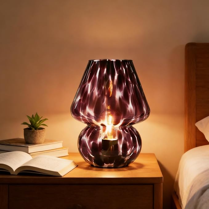 Glass Mushroom Lamp, Mushroom Desk Lamp with LED Bulb, Small Purple Battery Operated Cordless Lamps for Kitchen Counter, Bedroom Nightstand, Living Room, Gift for Mom