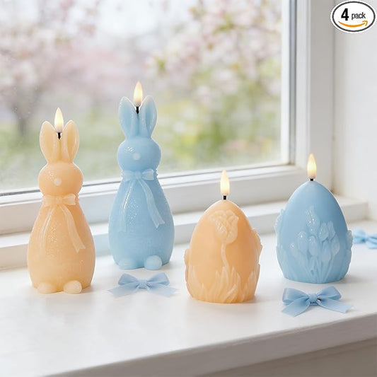 WDS WONDROUS Easter Flameless Candles Set of 4, LED Bunny & Egg Candles with Floral Embossed Design, Blue & Orange Battery Operated Candle for Home Decor, Gift for Women, Mom, Easter Decor