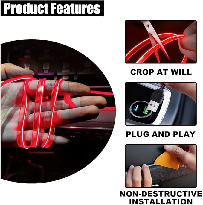 EL Wire Interior Car LED Strip Lights, USB Car Neon Light Strip with Sewing Edge, 16FT Neon Light 5V with Fuse Protection, Electroluminescent Car Indoor Decorations (Red)
