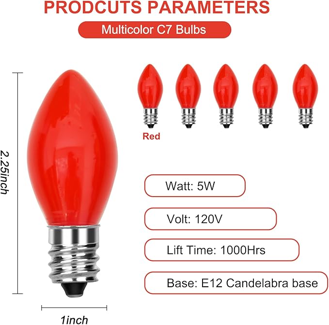 25 Pack Red Bulbs,C7 Red Replacement Spare Incandescent Christmas Light Bulbs,5w Vintage Glass Ceramic Light Bulbs C7/E12 Base for Indoor Outdoor Christmas Valentine String Lights
