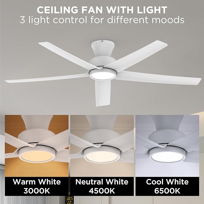 ocioc 52 inch Ceiling Fans with Lights, Large Air Volume Ceiling Fans with Reversible Quiet DC Motor and Remote（White）