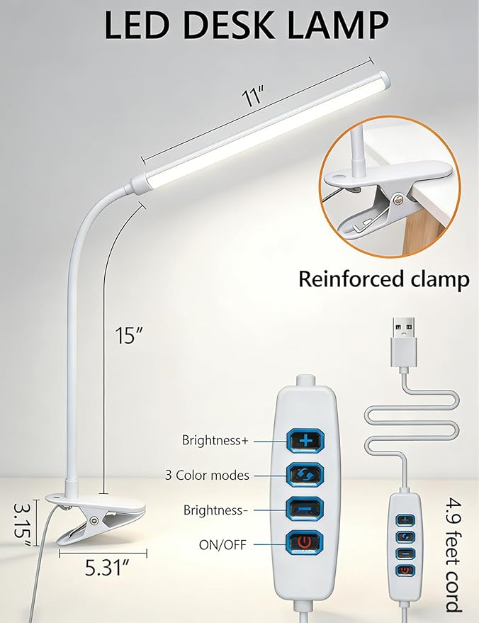 White 2 Pack LED Clip On Desk Lamp,Dimmable Clip On Reading Light with Flexible Neck,Curved Monitor Light Bar for Computer,Eye-Protection Bedside Lamp for Office Home Study Desk Accessories