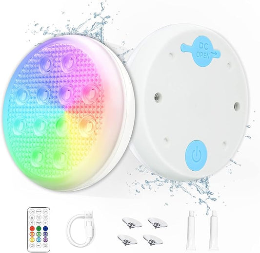 Geekman Rechargeable Underwater LED Lights with Remote, IP68 Waterproof 16-Color Ambient Pool Lights, USB-C Powered with Integrated Battery, Featuring Magnets/Suction Cups (1Pack)