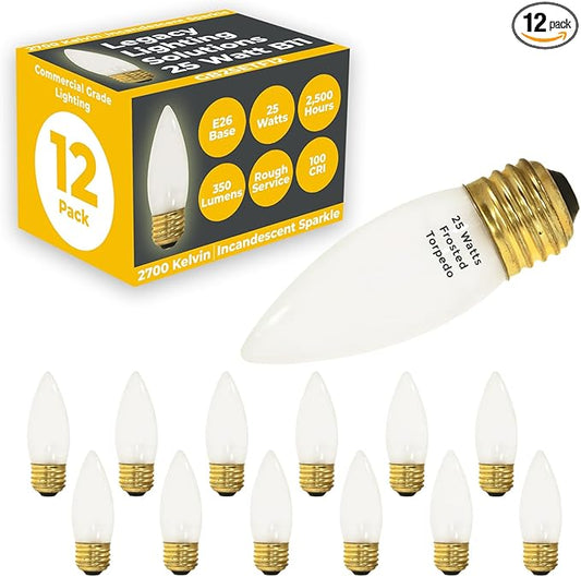 GoodBulb 25-Watt Incandescent Torpedo Light Bulbs B10 Frosted Finish Medium E26 Base 2700K Warm White Color Dimmable 175 Lumens Pack of 12 Bulbs