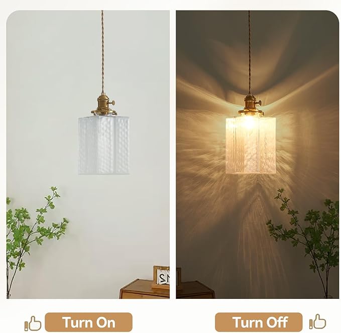 Hanging Lamp, 6.5 Inchs Cuboid Glass Lampshade Farmhouse Pendant Lights Kitchen Island 6.5ft Braided Light Cord Hanging Light for Bedroom Hallway Light Fixture with Light Bulb