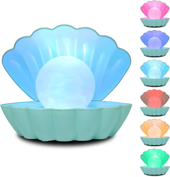 Shell Pearl Beach Themed Night Light, RGB 8 Colors Changing Mood Shell Pearl Lamps, Bedside LED Clamshell Portable Night Lights for Bar (Green)