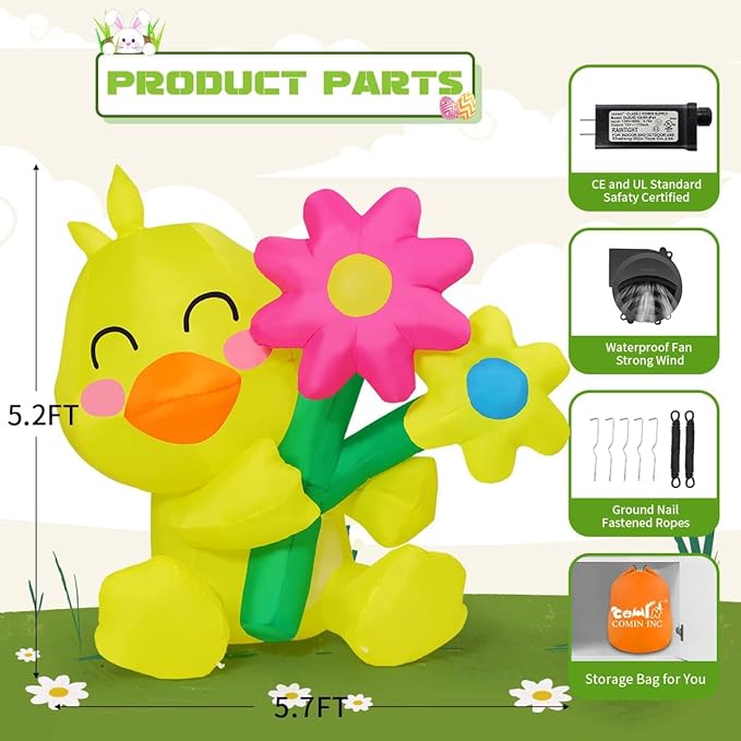COMIN 5.2 FT Tall Easter Inflatables Chick take Flower Outdoor Decorations Blow Up Yard with Built-in LEDs for Indoor Party Garden Lawn Decor