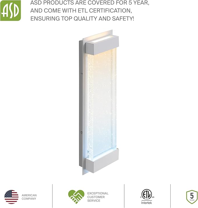 ASD LED 18" Bubble Glass Wall Light Fixture, Outdoor & Indoor Seeded Sconce | 3CCT, Waterproof, Dimmable, Up-Down Glow, ETL Listed | 22W 520LM 3000-5000K 100-277V | Exterior Porch Lighting | White