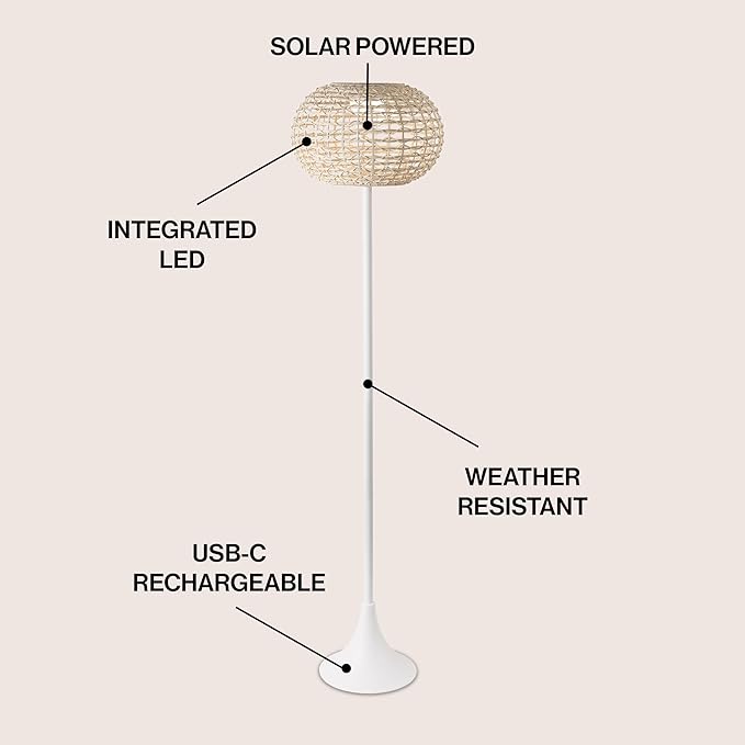 JONATHAN Y 58" White/Cream Modern Outdoor Solar Floor Lamp, Waterproof LED Standing Light for Patio, Deck, Porch, Faux Rattan Shade, USB-C Rechargeable, Coastal Decor (JYL2601B)