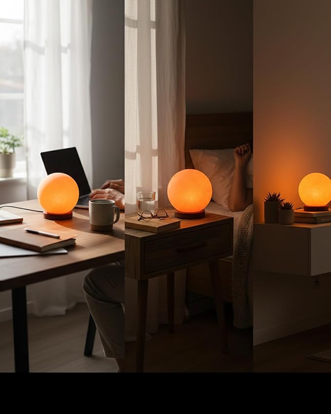 Himalayan Salt Lamp Globe – 5-Inch Hand-Carved Crystal Rock Sphere Moon with Wooden Base & UL-Listed Dimmer Cord – Warm Ambient Light for Bedroom, Office, Home Décor, Gift Ready