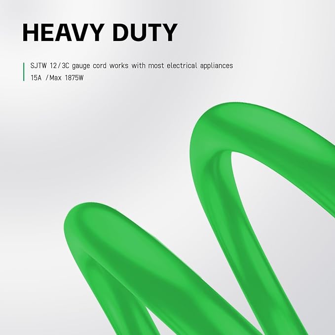 EP 50Ft Outdoor Extension Cord, 12/3 SJTW Heavy Duty Waterproof Power Cable, 3 Prong Grounded Plug, Lighted End, for Lawn, Garden, Appliances, Green