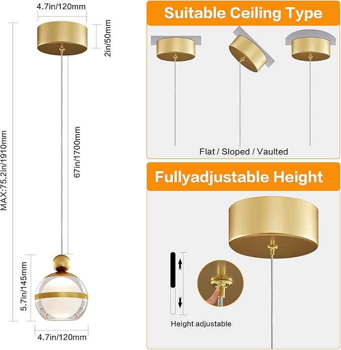 1-Light Gold Pendant Lights Kitchen Island Modern LED Ceiling Hanging Pendant Lights Acrylic Globe Pendant Light Fixtures for Dining Room Bedroom Living Room