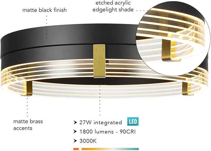 GLOBE Electric 66000134 27W LED Integrated Flush Mount Ceiling Light, Etched Acrylic Edge Lit Shade, Matte Brass Accents, 1800 Lumens, 2700 Kelvin, 90 CRI, Dimmable, 50 000 Hour Lifespan