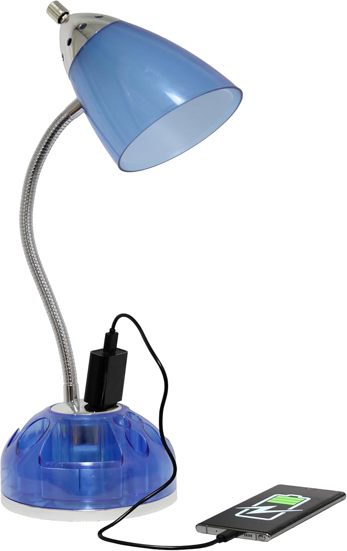 Simple Designs LD1015-CBL-LB 19.5" Flossy Organizer Desk Lamp with Charging Outlet Lazy Susan Base and LED Bulb, Blue