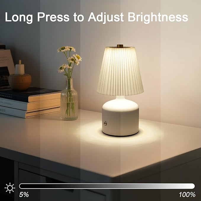 Small Cordless Table Lamp Rechargeable Desk Lamp, 3 Color Stepless Dimming, Metal Base Pleated Table Lamp for Bedside, Bedroom, Dining Room, Living Room (White)