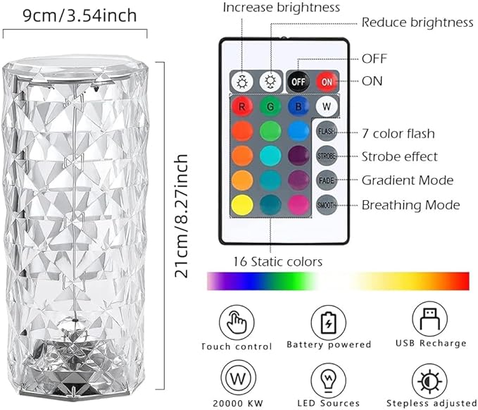 Rose Diamond Table Lamp RGB Color Changing Crystal Night Light, Touch Control Bedside Lamp with USB Rechargeable & Remote, Atmosphere Lamp for Mother's Day Valentines Wedding Decoration