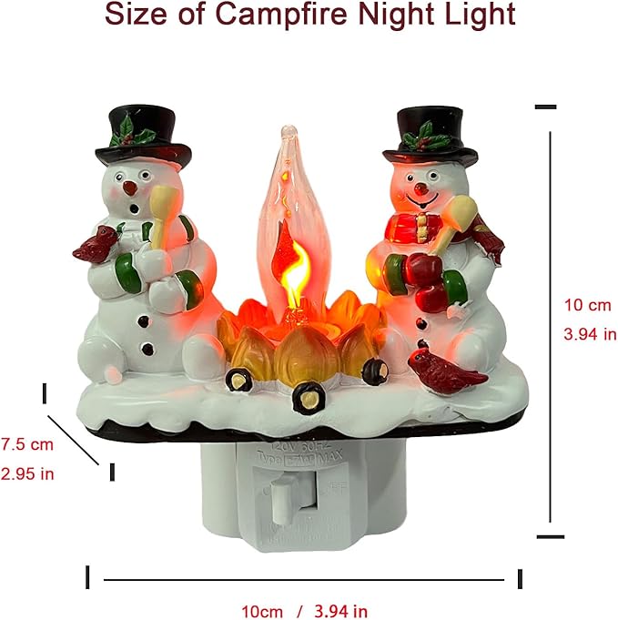 2025 Christmas Night Light, 3D Christmas Snowman Campfire Nightlight, Christmas Eve Campfire Flickering Night Light Gifts for Family, 120V Plug-in Powered for Festive Ambiance