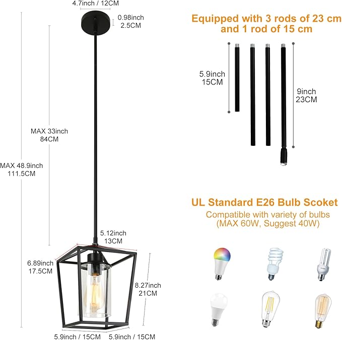2 Pack Black Pendant Light Fixture 1-Light Farmhouse Pendant Lights Kitchen Island Lantern Iron Cage Hanging Lights with Clear Glass Shade for Entryway Dining Room Hallway Porch