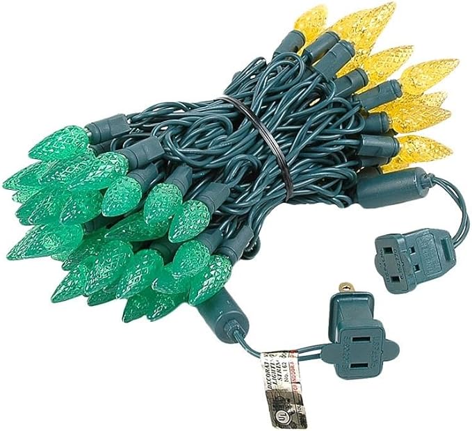 Novelty Lights 24FT 70 LED C6 Christmas String Lights, Outdoor Tree Commercial Grade LED Lights, Permanent Decorations (Green/Yellow)