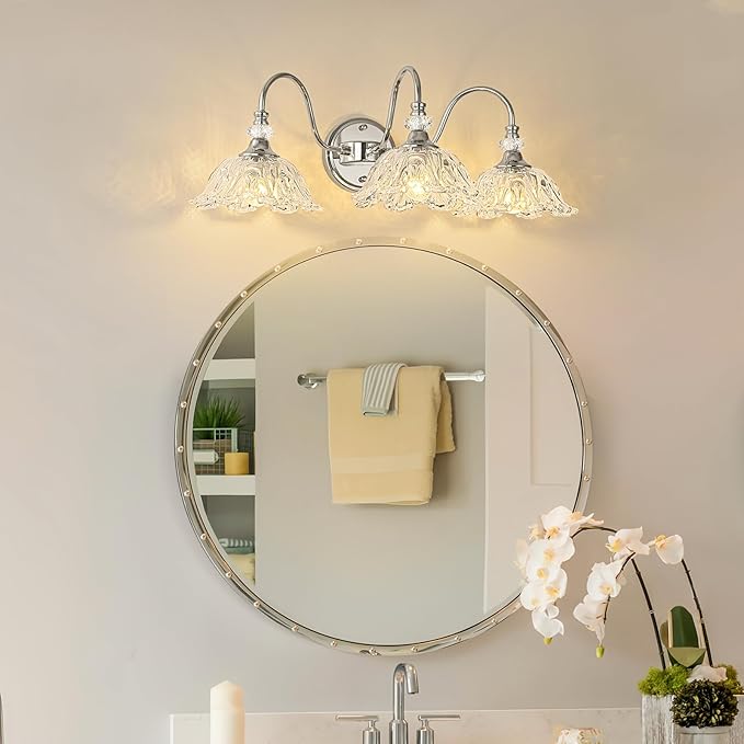 Brushed Chrome 3-Light Bathroom Vanity Light with Floral Clear Glass Shades, Modern Wall Mount Lighting for Bathroom, Dressing Table