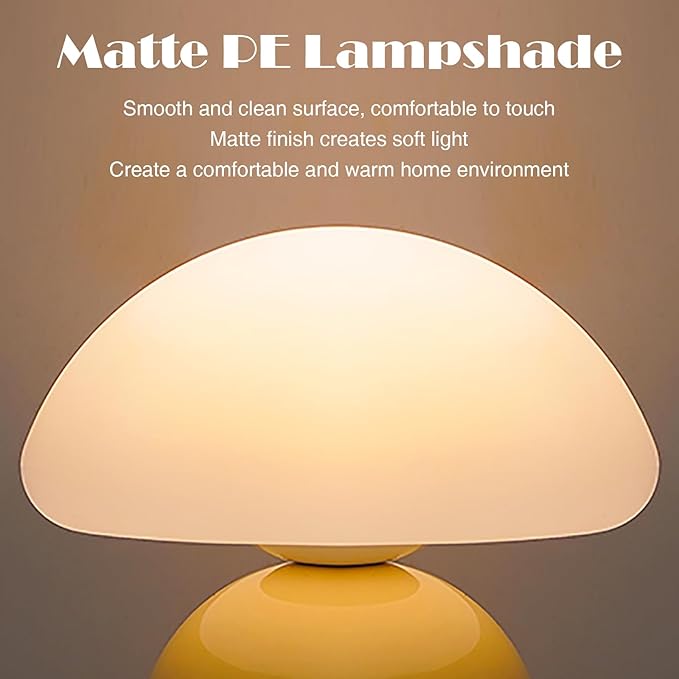 Cute Small Mushroom Lamp, PE Lampshade, Ceramic Base, Adjustable Light Color and Brightness with Power-Off Memory, Safe USB Powered, LED Mushroom Light for Bedroom Living Room (Yellow)