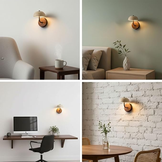 Accent Wall Lamp, Mushroom Travertine Wall Sconce, Yellow Stone Half Dome Light with Wood Base and Iron Arm for Bedroom Living Room Hallway Bedside Entryway Decor Home Art Surface