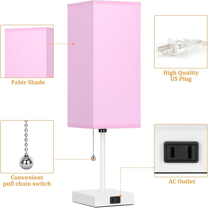 18'' Table Lamp for Bedroom set of 2,3-Color Bedside Lamps with Pull Chain Table Lamps for Night stands ,Small Night Light Lamps with 2 Bulbs Lamps for Living Room Kids Room Office Decor（Pink+White）
