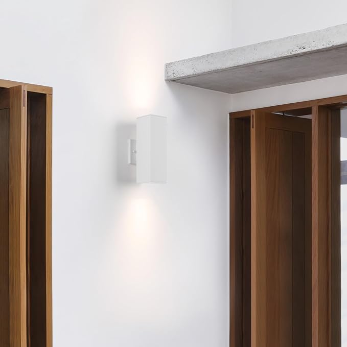 mirrea Modern Outdoor Porch Light Patio Light in 2 Lights with Aluminum Rectangular Tube and Tempered Glass Cover Waterproof Wall Sconce 2 Pack (Matte White)