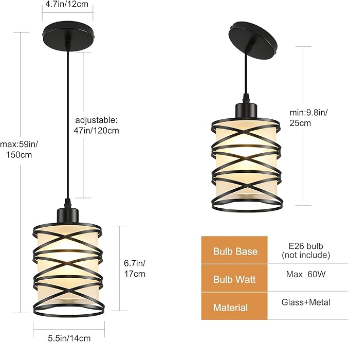 3 Pack Pendant Light Kitchen Island Pendant Lighting, Hanging Light with Spiral Cage Frosted Glass Shade, Black Modern Indoor Hanging Lamp
